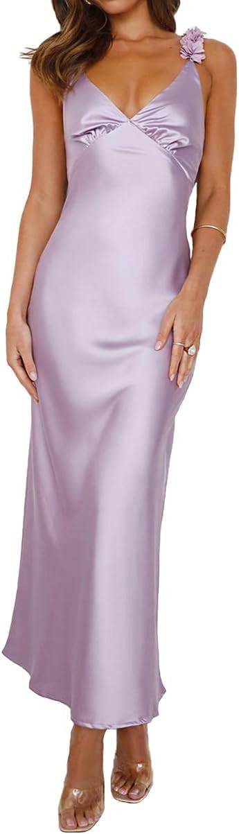 Phicia Summer Satin Spaghetti Strap V Neck Midi Dresses for Women Wedding Guest Elegant Flower Ba... | Amazon (US)