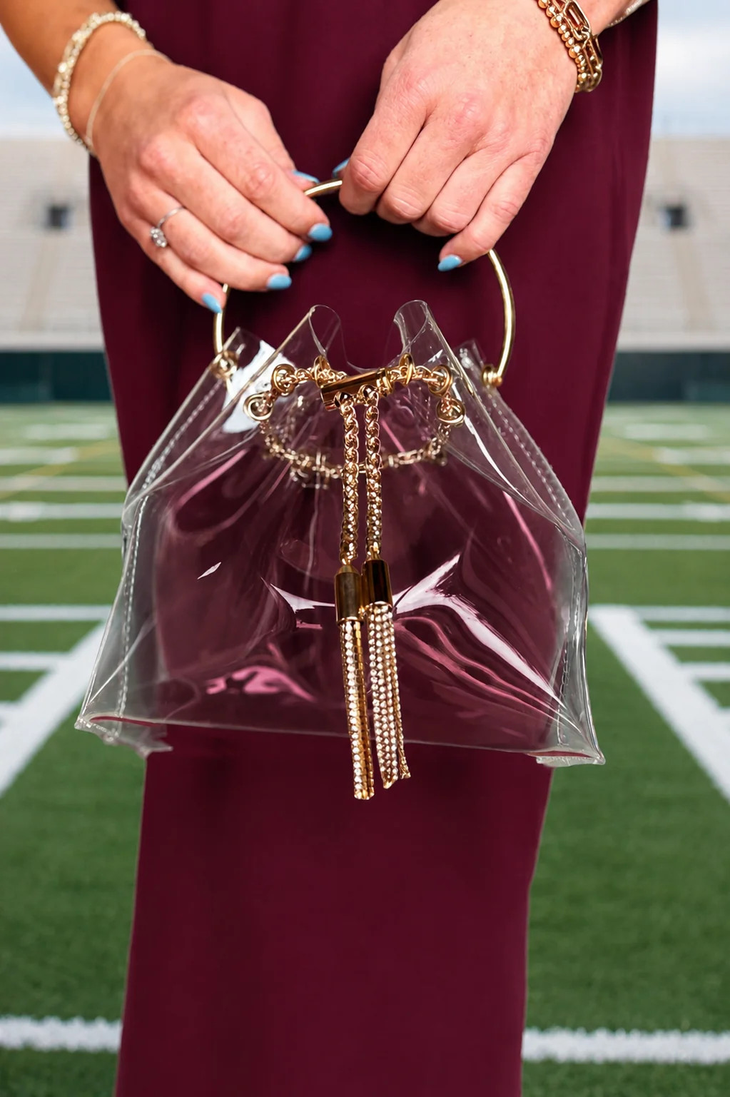 Clear Cinched Chain Tassel Top Purse | SSYS