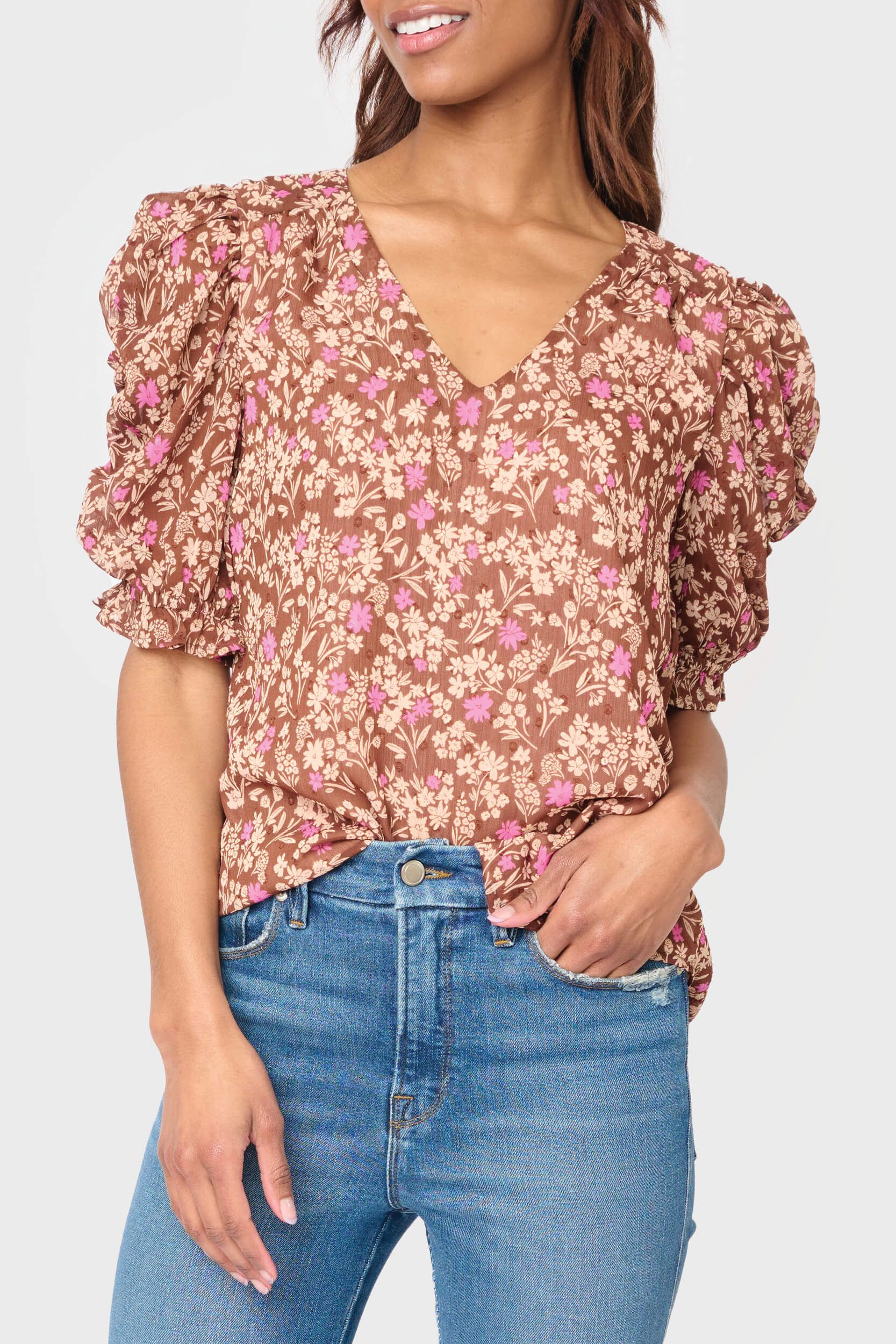 Rouched Sleeve Chiffon V-neck Blouse | Gibson