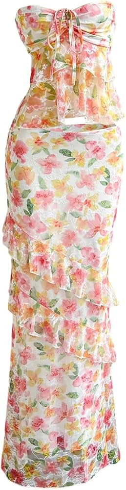 WDIRARA Women's Floral 2 Piece Skirt Outfits Strapless Bandeau Ruffle Top Maxi Skirts Set Vacatio... | Amazon (US)