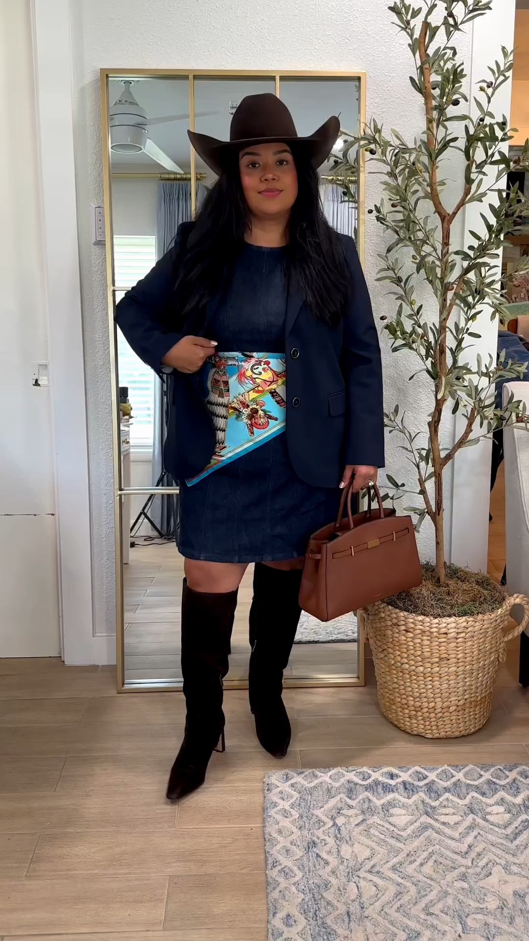 My denim dress I love and it’s from @Spanx. #spanxpartner #spanx 
My scarf is a new arrival from Hermes and it’s vintage from EBay Fashion. 

My handbag is a new fall purchase, and it’s from DeMillier and I’m soo obsessed with it! 

My boots are from @samedelman are a repeat from last year! I love that they are offered in regular, wide, and extra wide calf. I have the wide calf.

My hat is from American Hat Co. and is a new purchase from this season as well! It’s the perfect chocolate brown, and I can’t wait to wear it so much this season!

petite fall fashion, petite fall outfits, petite fashion, petite style, petite outfit ideas, petite fashion over 40, midsize fashion, midsize fall fashion, midsize fall outfits, midsize outfit ideas, transitional fall outfits, fall layering ideas, what to wear this fall, fall fashion trends 2026 chocolate brown fall outfit, plaid fall outfit,  suede fall outfit,  fall preppy outfit, fall jewel tones, fall neutrals, fall layering, fall boots outfit, Smiles and Pearls