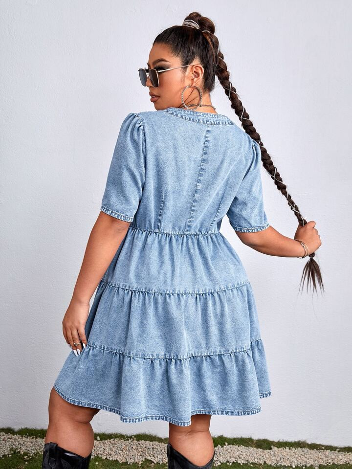 SHEIN Essnce Plus Button Front Ruffle Hem Denim Dress | SHEIN