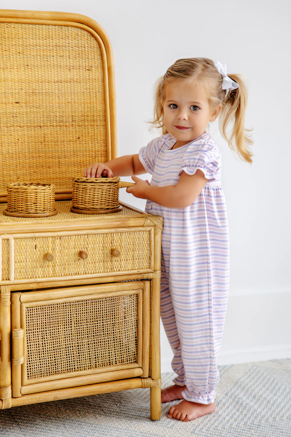 Short Sleeve Britt Romper - Lauderdale Lavender and Palm Beach Pink Stripe | The Beaufort Bonnet Company