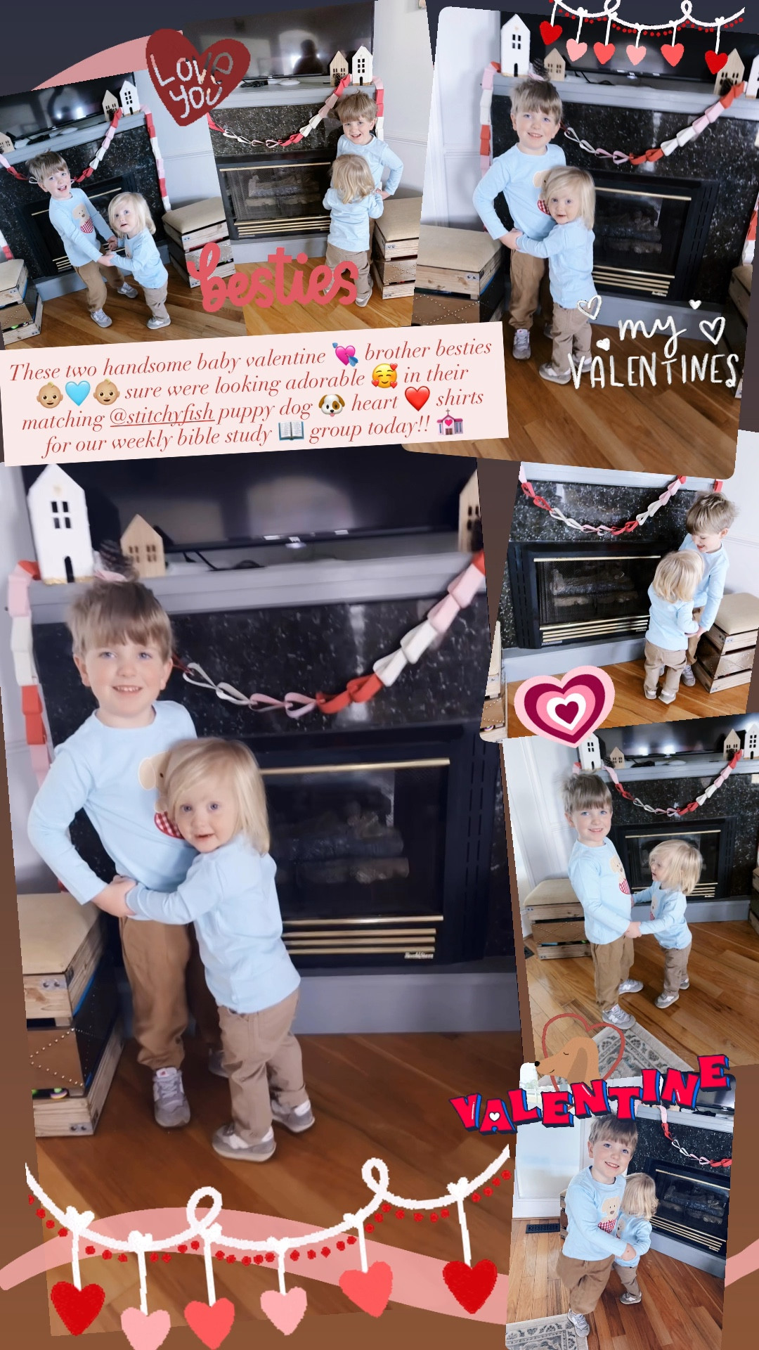 These two handsome baby valentine 💘 brother besties 👶🏼🩵👶🏼 sure were looking adorable 🥰 in their matching @stitchyfish puppy dog 🐶 heart ❤️ shirts for our weekly bible study 📖 group today!! 💒 