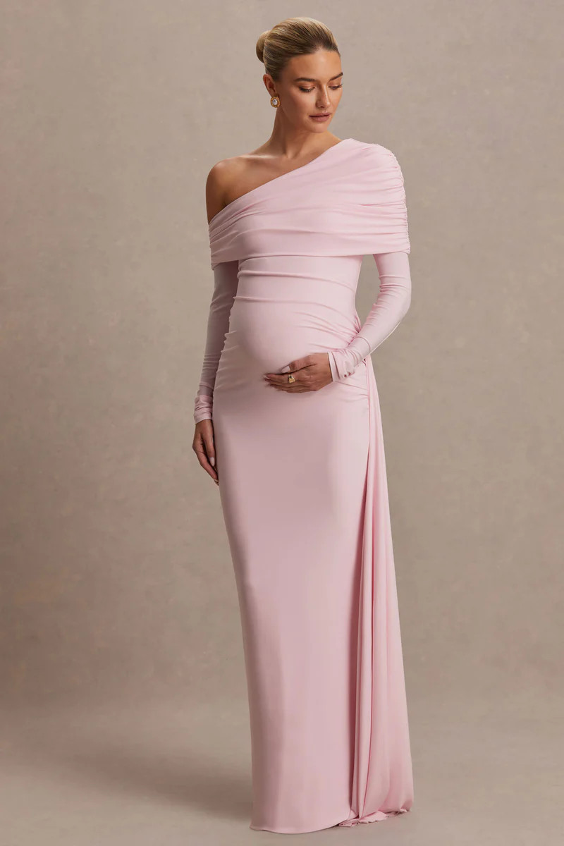 Amara  Blush Pink Asymmetric-Neck Maternity Maxi Dress With Sash Detail | Club L London