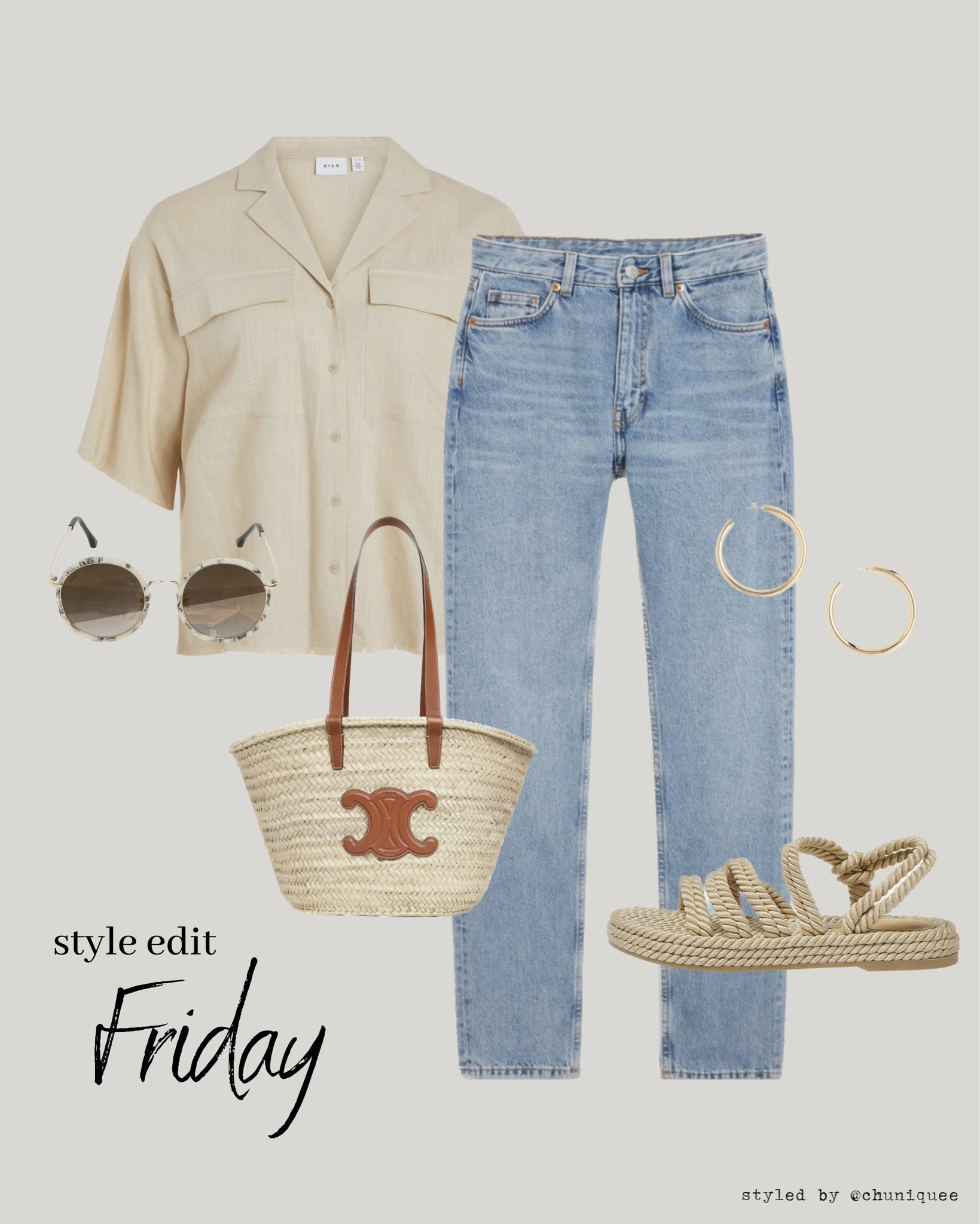 summer vibes with this effortless look! Pairing my favorite jeans with a chic beige blouse and accessorizing with a Celine straw-inspired bag, straw-style shoes, a leopard-print sunglasses, and statement earrings. Loving how these pieces come together for a stylish and laid-back ensemble! 🌞🤍

#SummerStyle #EffortlessChic #DenimLove #BeigeBlouse #StrawInspired #CelineBag #StrawShoes #LeopardPrint #StatementEarrings #FashionInspo #OOTD #LTKFashion

#LTKSeasonal #LTKstyletip #LTKFind