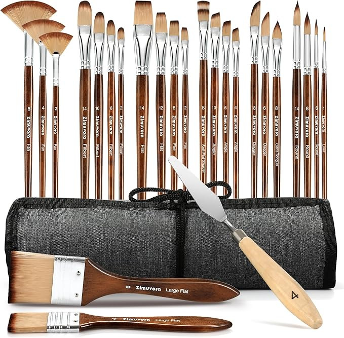 25pcs Paint Brush Set, Professional Paint Brush Set with Cloth Roll and Paint Spatula, Nylon Brus... | Amazon (US)