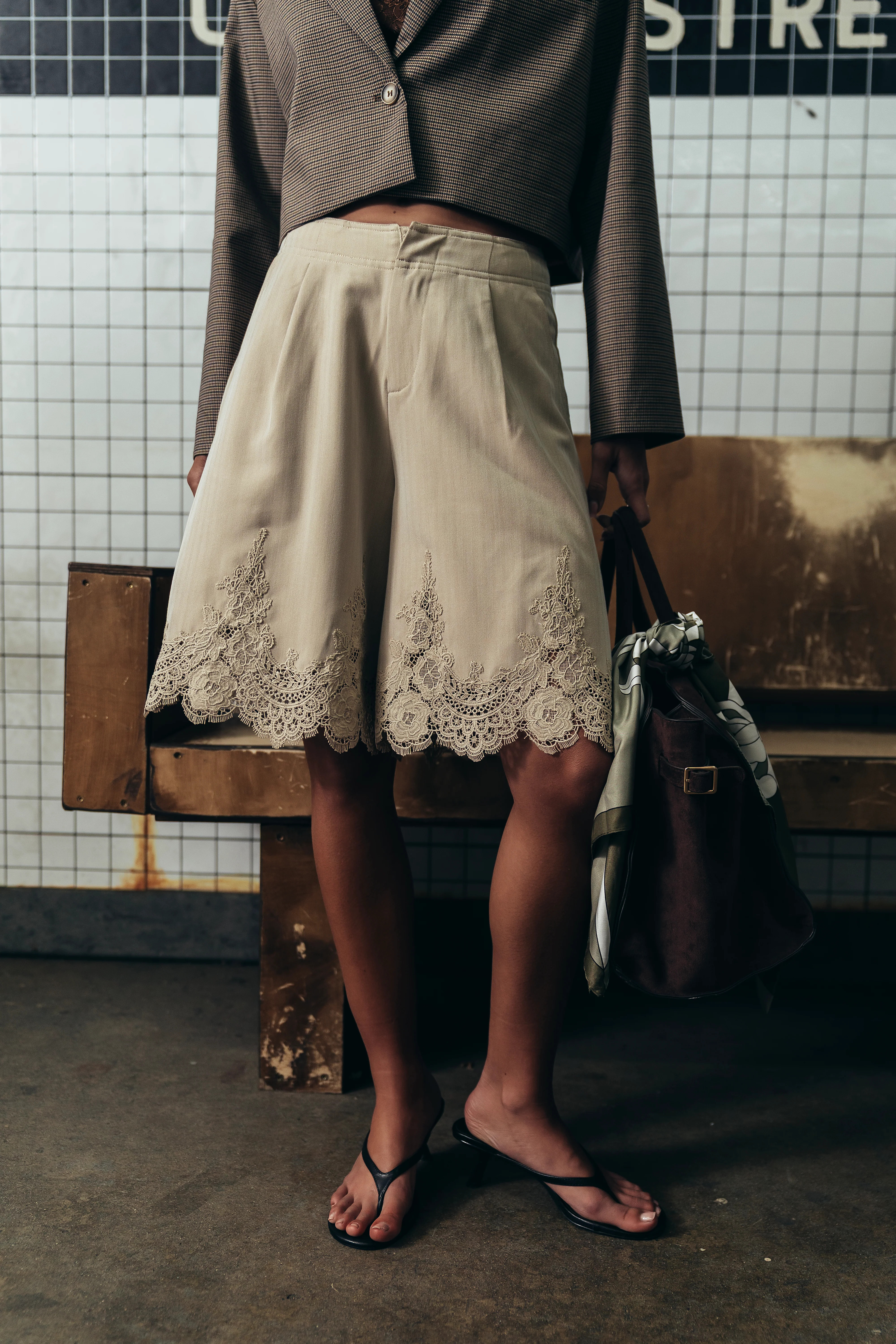 Mazie Lace Trim Shorts in Tan | Böhme US