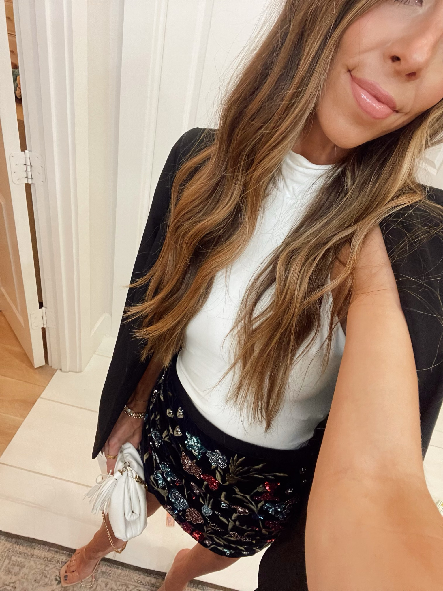 Date night outfit! Embellished skirt. Bodysuit. Mock neck bodysuit. Blazer. Bodysuit is on sale!

#LTKsalealert #LTKstyletip #LTKSeasonal