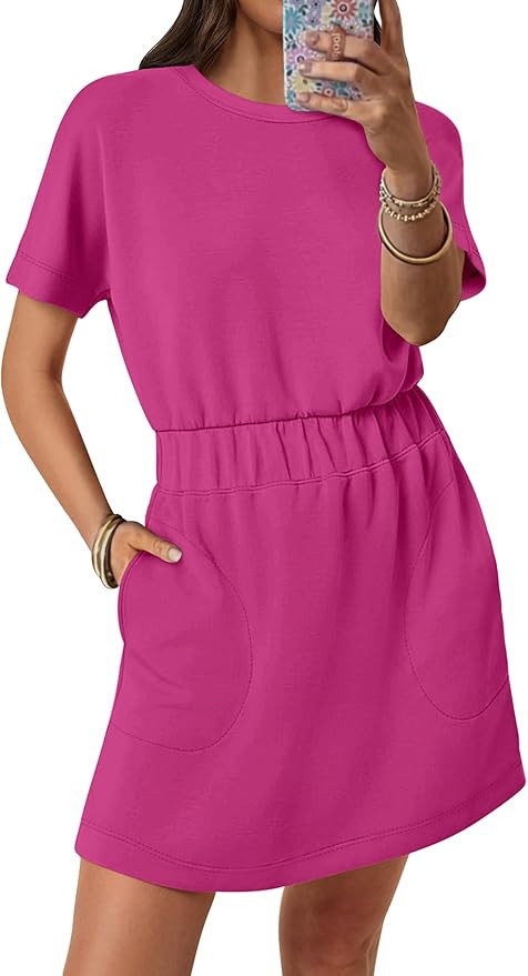 ANRABESS Womens Dresses 2025 Summer Casual Short Sleeve Crew Neck Elastic Waist Mini T Shirt Dres... | Amazon (US)