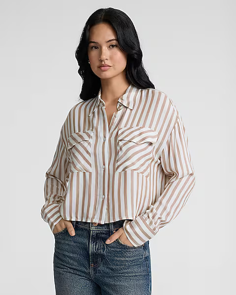 Striped Double Pocket Cropped Shirt | Express