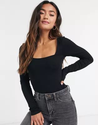 ASOS DESIGN long sleeve bodysuit with square front and back in black | ASOS (Global)