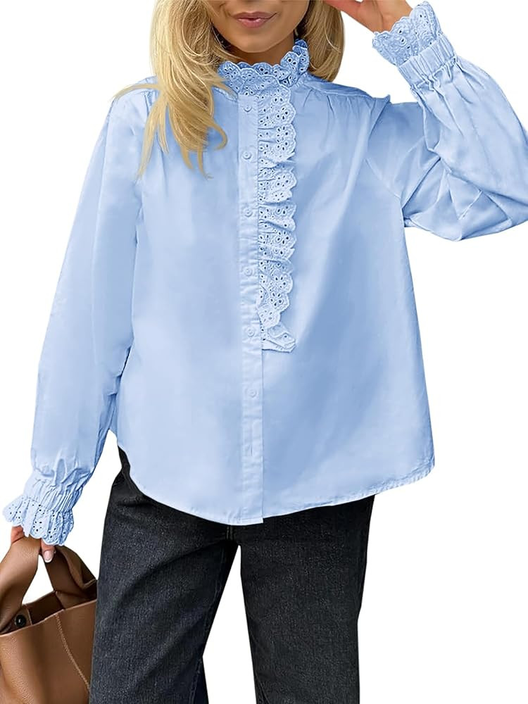 Cicy Bell Womens Lace Trim Button Down Shirts Cotton Ruffle Long Sleeve Dressy Casual Blouse Fall... | Amazon (US)