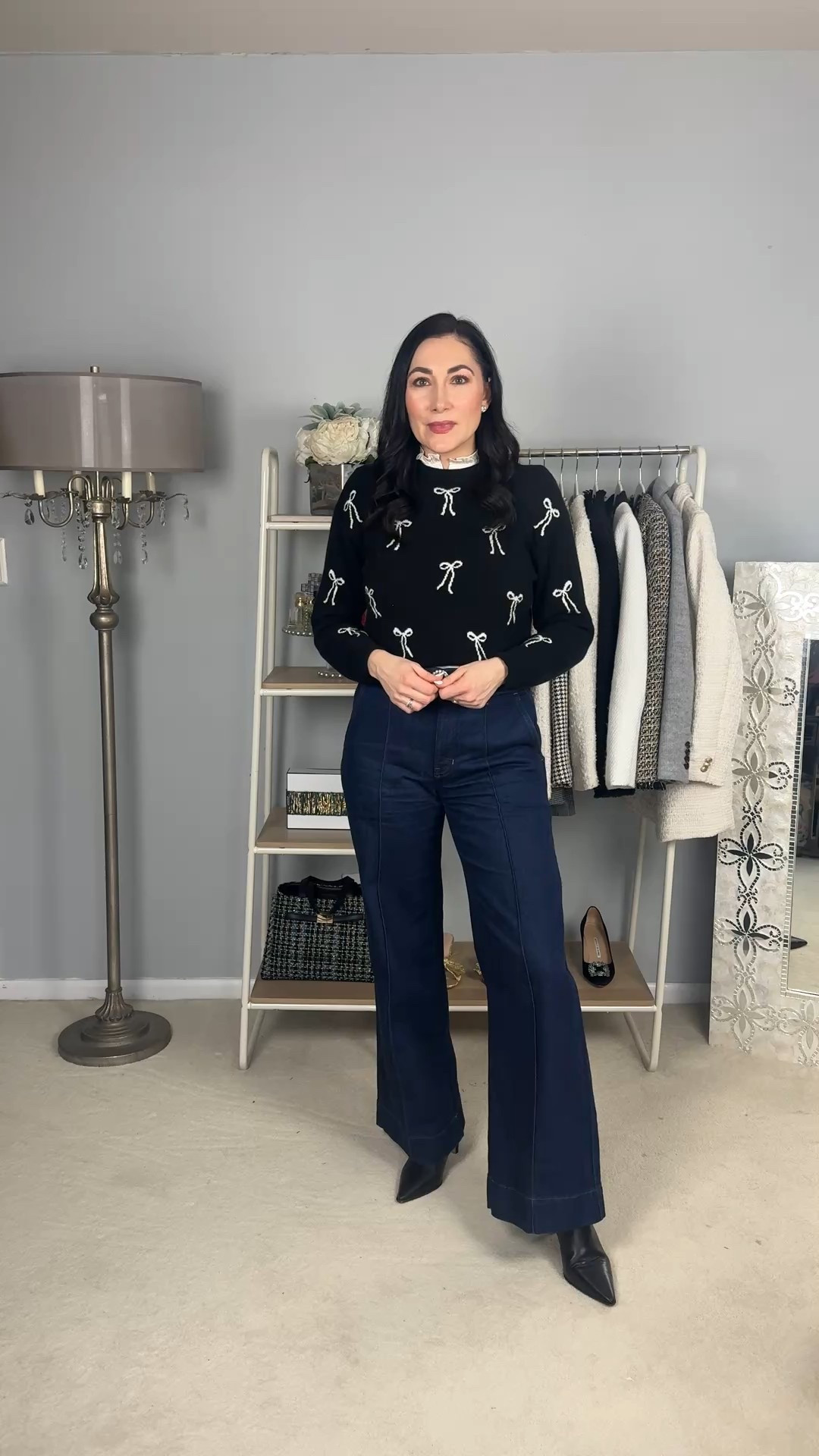 Weekend holiday outfit 🖤

Bow cashmere sweater size small, TTS
Dark wash trouser Jean size 27, TTS
Black ankle boots 

Casual outfit 
Brunch outfit 
Smart casual outfit 

#LTKSeasonal #LTKSaleAlert #LTKHoliday