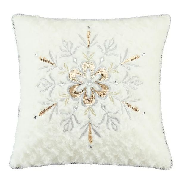 Holiday Time Cream Fur Sequin Snowflake Decorative Throw Pillow, 16" x 16" | Walmart (US)