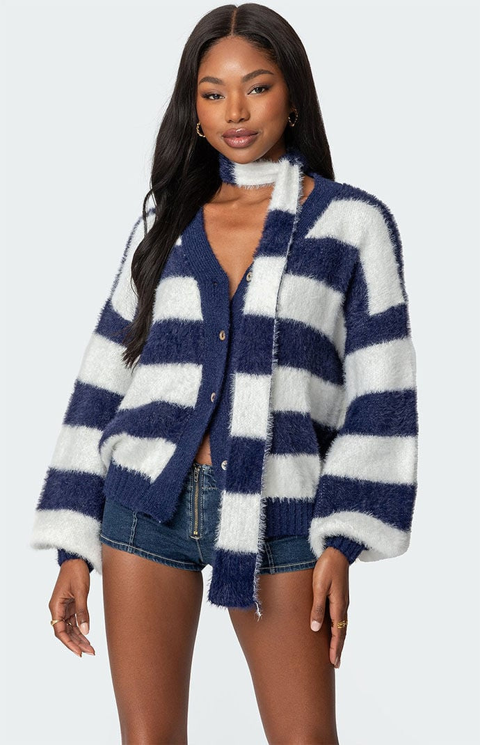 Edikted Women's Striped Two Piece Knit Scarf Cardigan in Navy - Size XS/S | PacSun