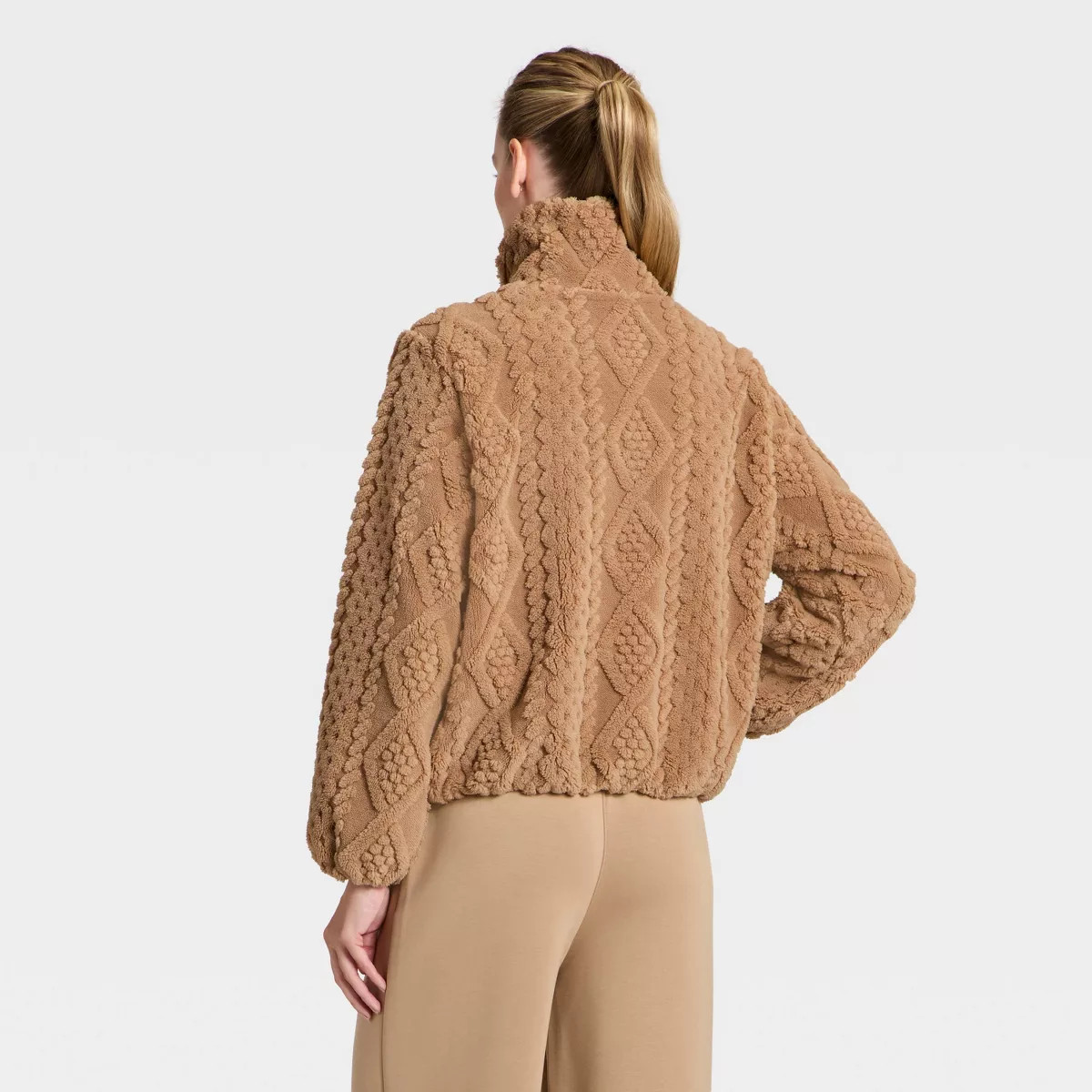 Women's Cable Knit Texture High Pile Fleece Jacket - All In Motion™ Taupe S | Target