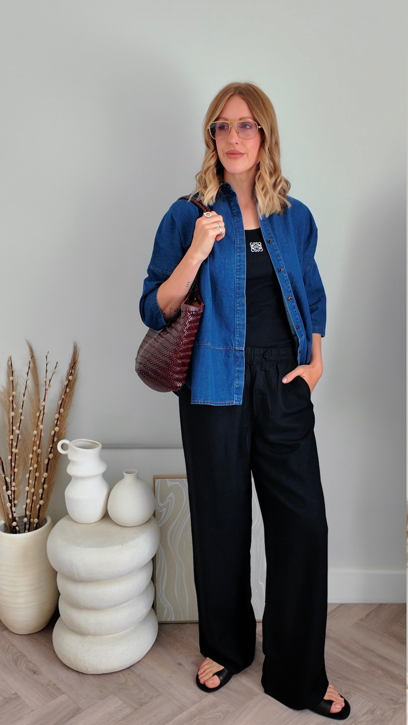 Denim shirt - Loewe tank top - black tank top - summer outfit - woven bag - H&M trousers - linen trousers - black linen pants - Zara sandals - blue lens sunglasses 

#LTKspring #LTKsummer #LTKuk