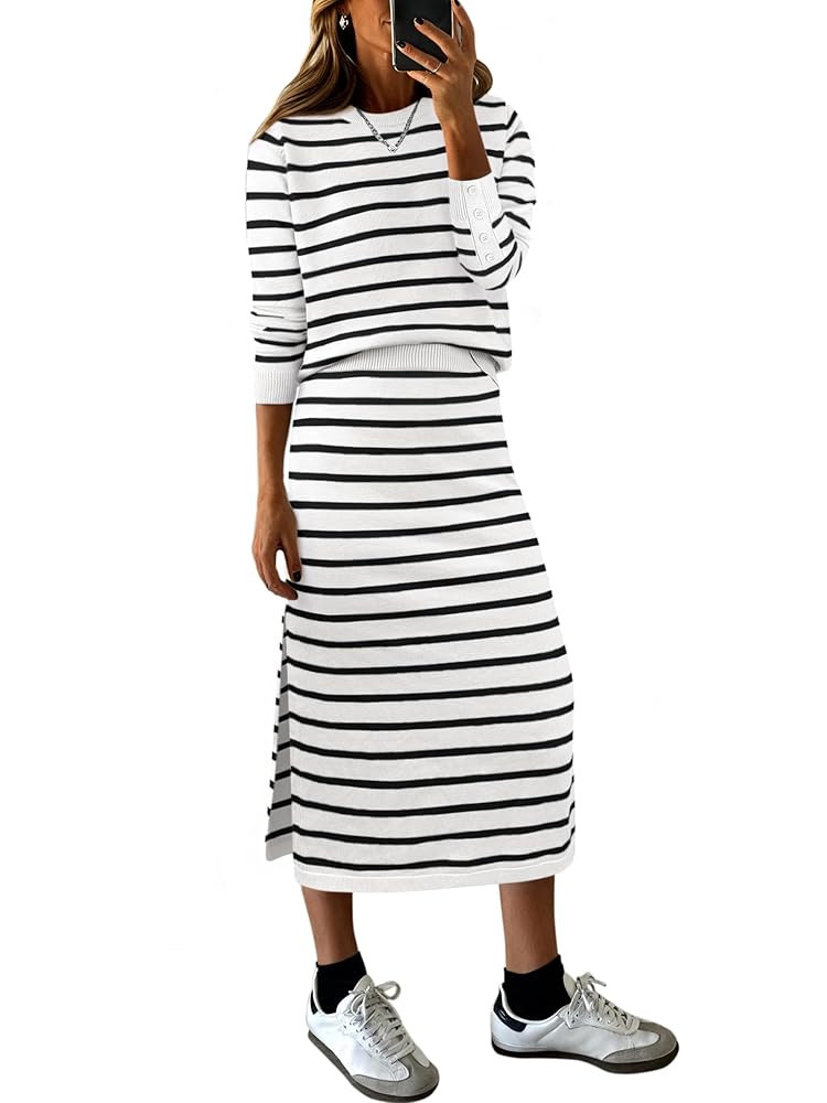 ANRABESS 2 Piece Skirts Sets For Women Fall Fashion 2025 Striped Sweater Midi Dress Knit Lounge T... | Amazon (US)