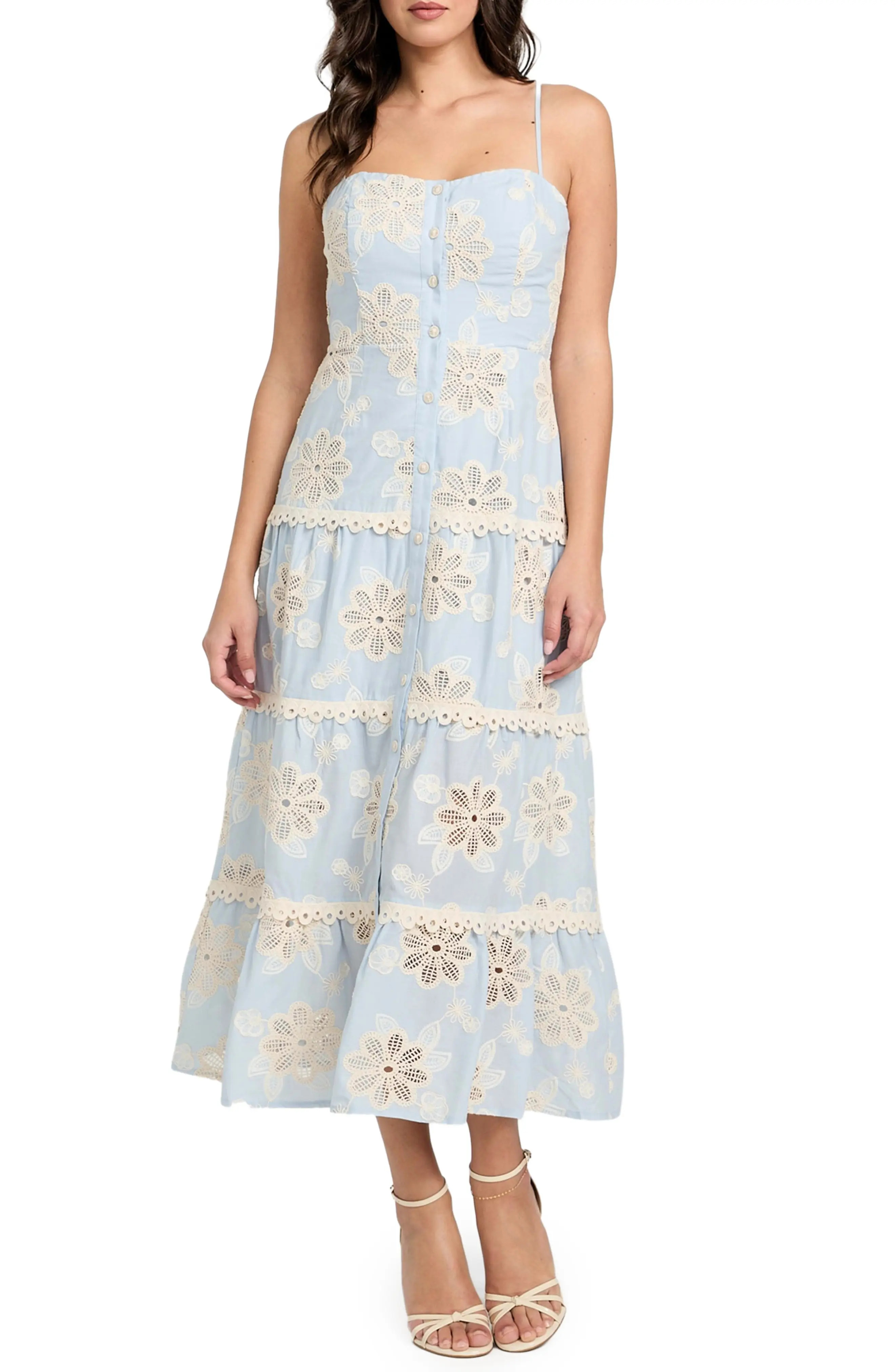 GUESS Tabitha Floral Embroidered Tiered Cotton Sundress in Blue at Nordstrom, Size Medium | Nordstrom