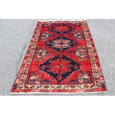 One-of-a-Kind Hand-Knotted 1950s 3'1" x 6'5" Wool Area Rug in Red/Navy Blue/Beige | Wayfair North America
