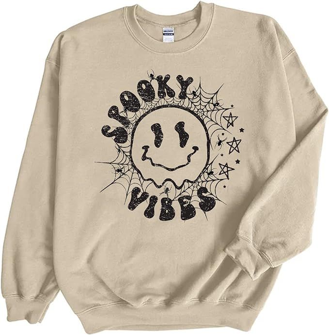 Retro Spooky Vibes Smiley Face Sweatshirt, Halloween Season Smiley Spooky Vibes Spider Sweatshirt... | Amazon (US)