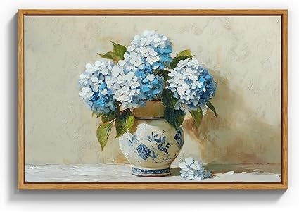 InSimSea Framed Canvas Art Hand-Painted Vintage Blue Hydrangea Art,16x24inch, Textured Floral Pai... | Amazon (US)