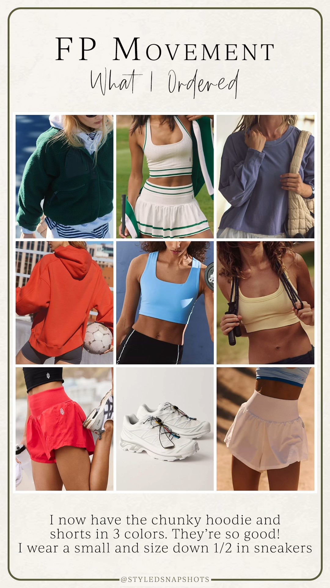 My recent FP movement order! All size small and size down 1/2 in sneakers. Still loving the cut above hoodie and carpe diem shorts! 