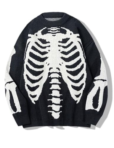 Gihuo Women Vintage Skeleton Ghost Sweater Crewneck Long Sleeve Halloween Oversized Knitted Jumper Top(B-Black-L) | Amazon (US)