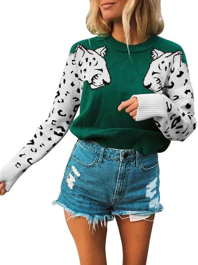 Avanova Women's Leopard Sleeve Sweater Long Sleeve Crew Neck Knitted Pullover Sweater | Amazon (US)