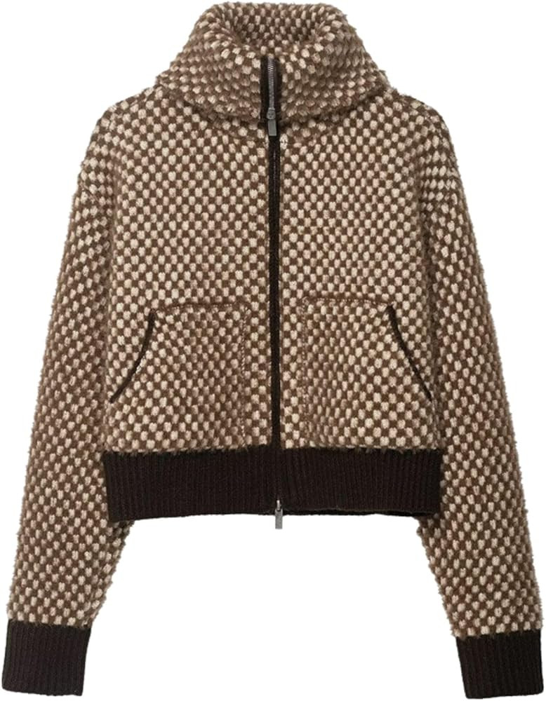 Chevara Women’s Fuzzy Checkered Cardigan Long Sleeve Zip Up High Neck Plaid Cardigans Crop Outf... | Amazon (US)