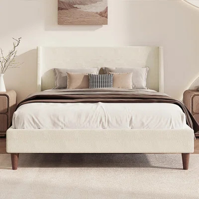 Modern Ivory Boucle Upholstered Platform Bed With Wingback Headboard, Combining Comfort And Contemporary Style For Any Bedroom | Wayfair North America