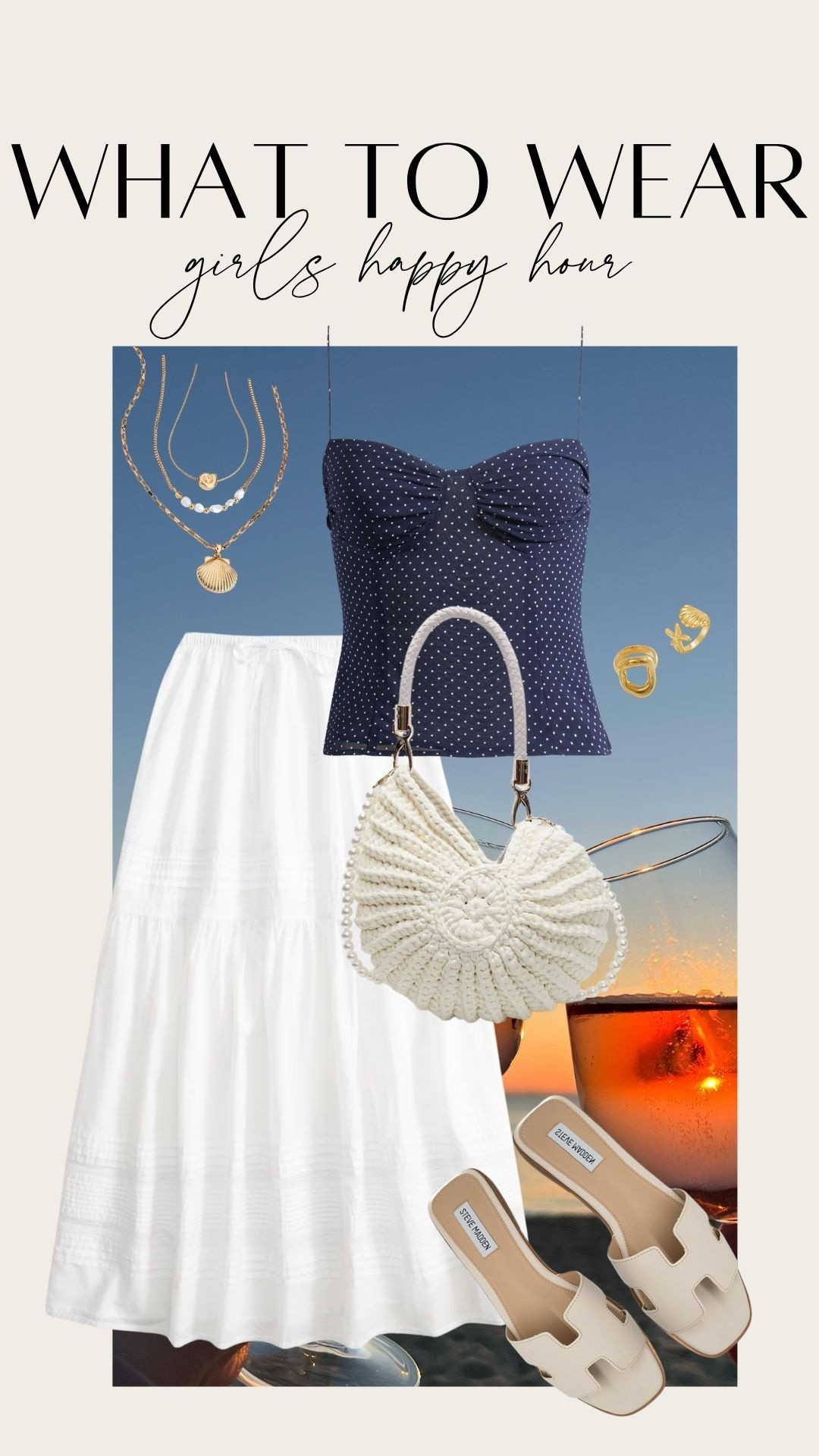 What to Wear: Girls Happy Hour 

White maxi skirt. Polka dot corset navy top. Crochet shell white purse. Sunset date night. Summer date night. East coast summer vibes. 

 

#LTKSaleAlert #LTKFindsUnder50 #LTKTravel
