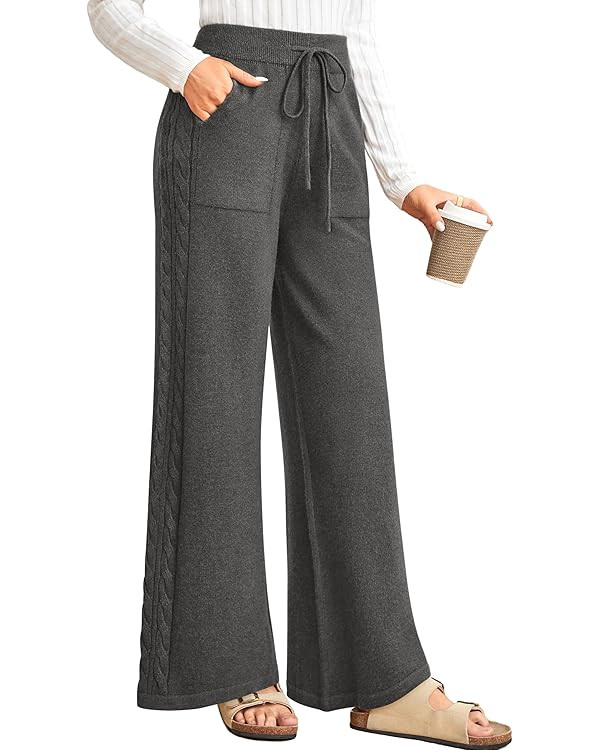 Arach&Cloz Womens 2024 Winter Sweater Pants Wide Leg Elastic High Waist Cute Casual Flowy Lounge ... | Amazon (US)