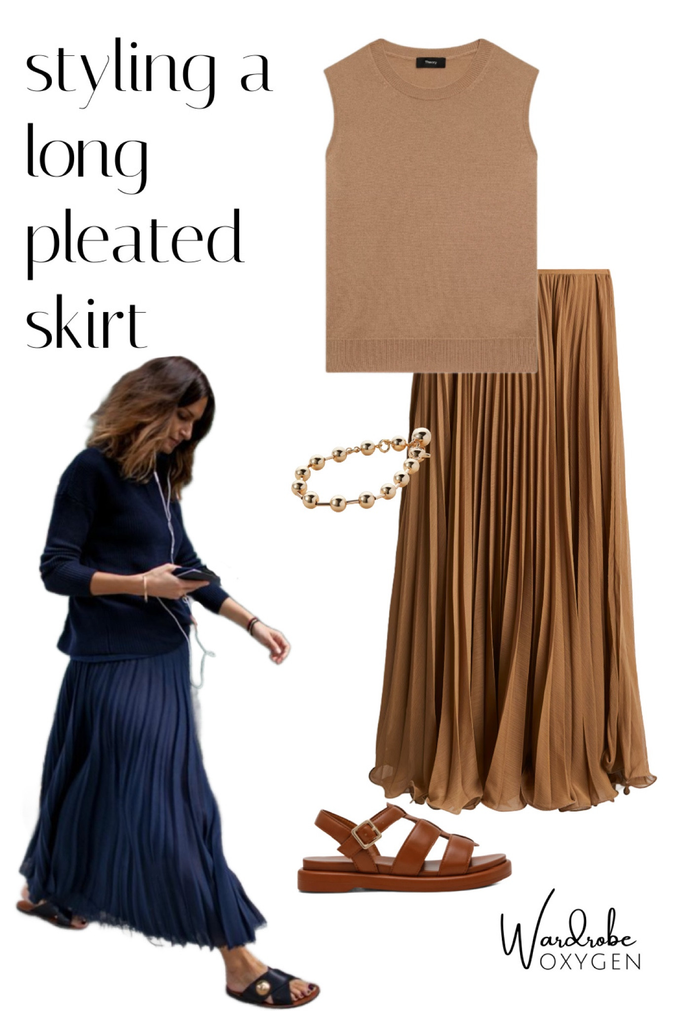 A style tip to modernize long pleated and midi slip skirts is to go monochrome. Shades of brown and tan feel fresh and modern in 2025. Cashmere makes sense with the dressy fabric of the skirt and brown leather sandals temper the glam making it right for day or night. 

#LTKMidsize #LTKStyleTip #LTKOver40