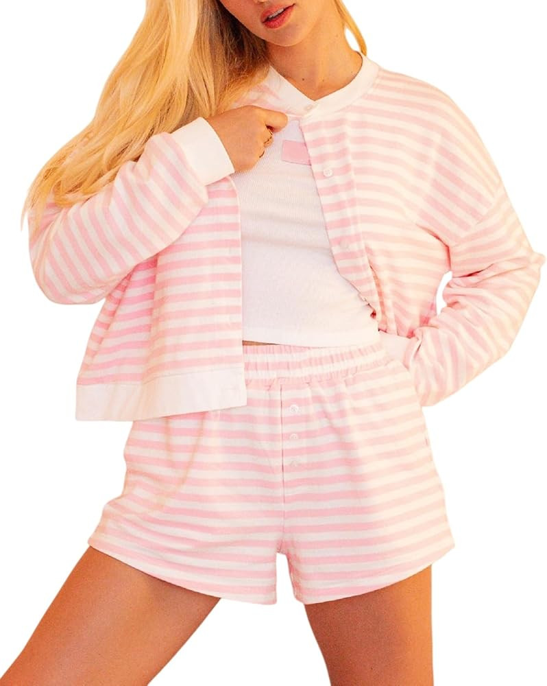 UAURORAO Women Striped Shorts Set Long Sleeve Button Down Cardigan Wide Leg Boxers 2 Piece Matchi... | Amazon (US)