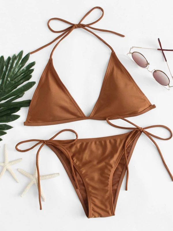 Triangle Halter Top With Self Tie Side Bikini Set | SHEIN