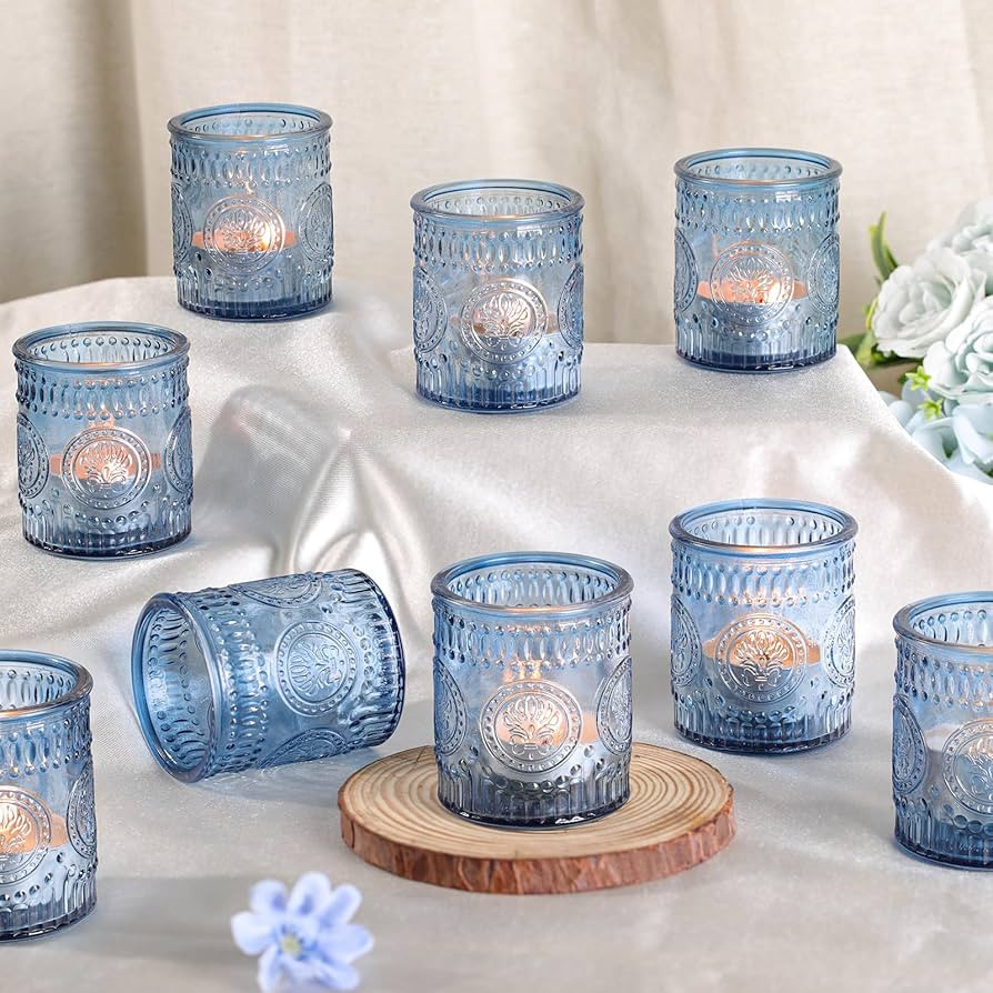 12 Pcs Blue Votive Candle Holder, Glass Tealight Candle Holders for Wedding Table Centerpiece, Ho... | Amazon (US)