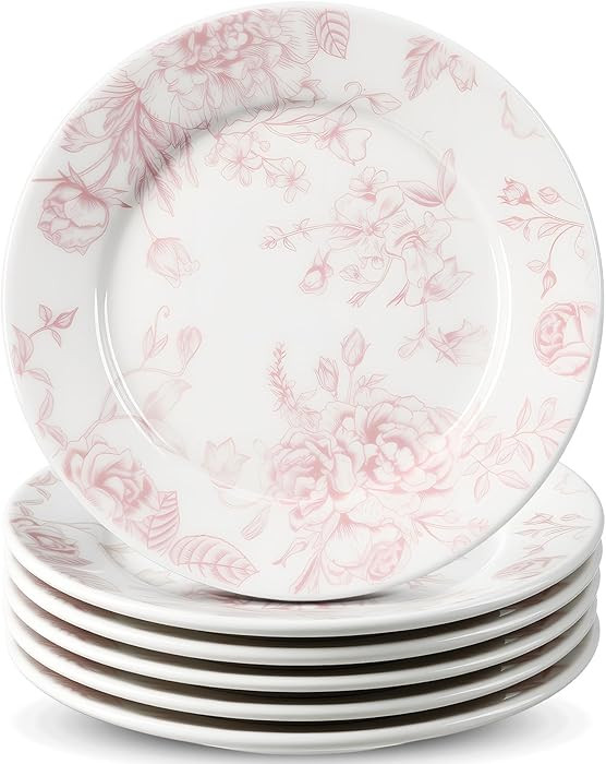 Honeydak 6 Pcs 6 Inch Pink Floral Flower Ceramic Plates Pink and White Porcelain Salad Serving Pl... | Amazon (US)