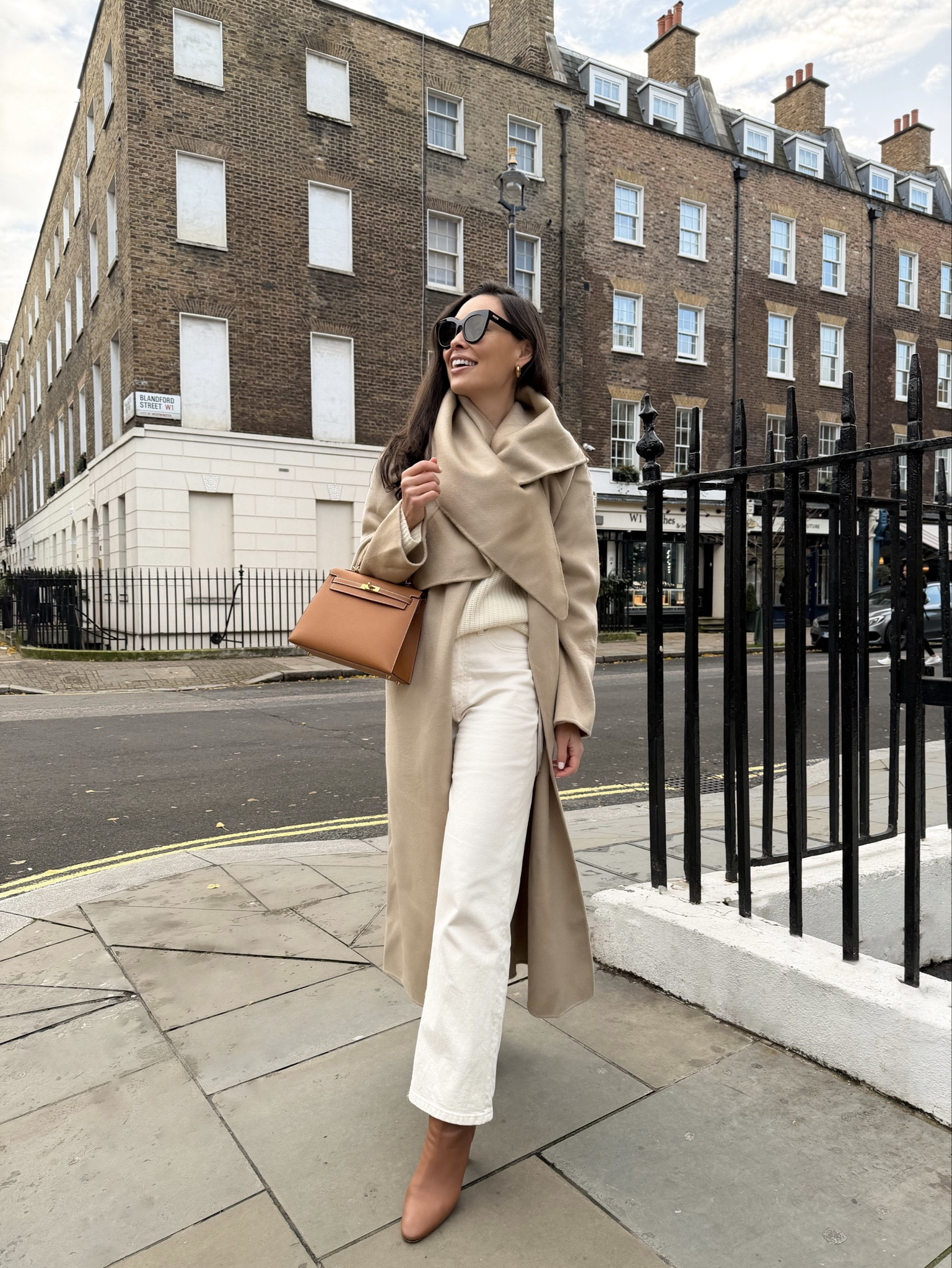 Scarf coat, ivory jeans, brown booties, fall outfit, winter outfit, classic style, London outfit, Sofia Richie Grainge coat, SRG Atelier coat. 

#LTKootd #LTKSeasonal #LTKHoliday