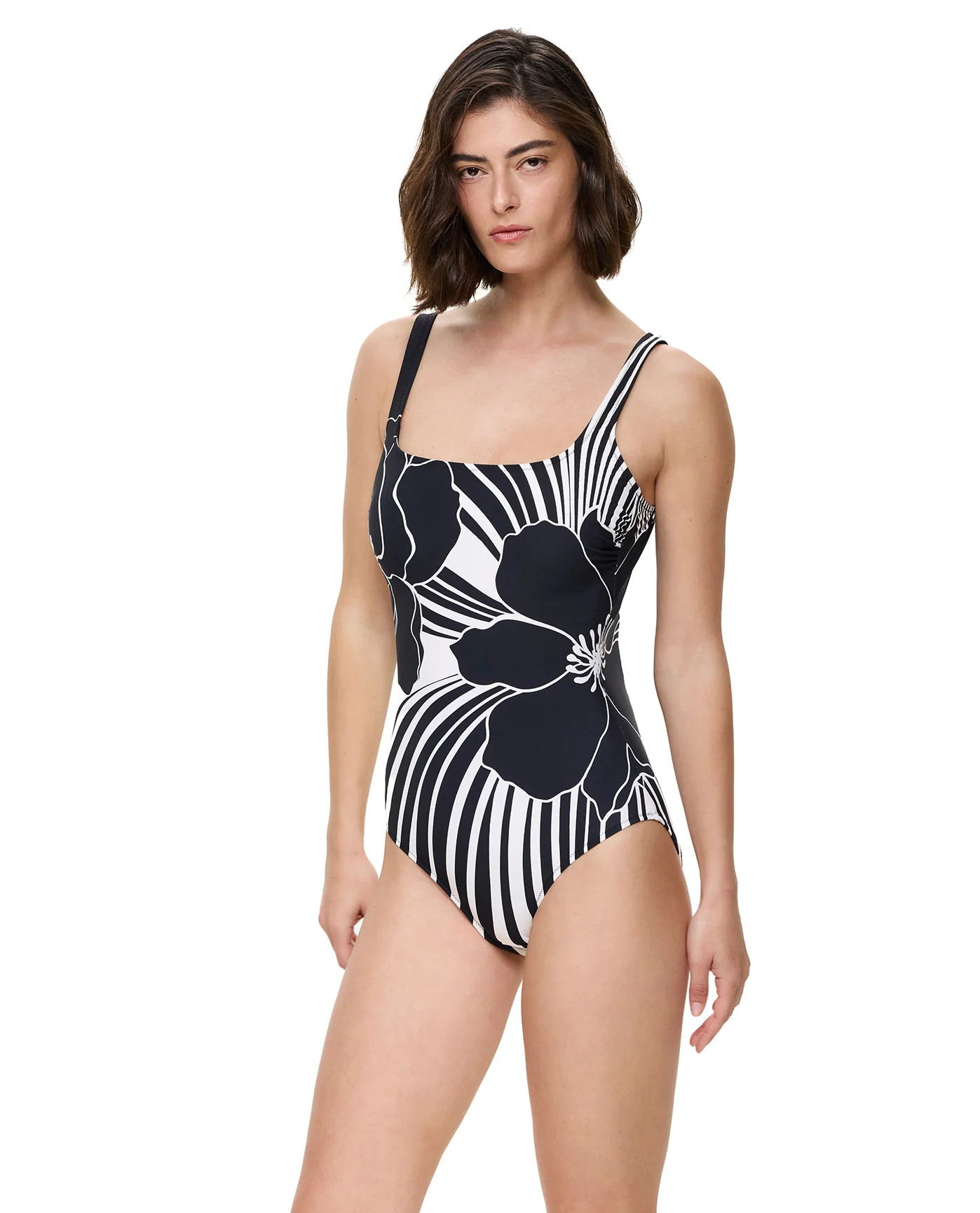 Midnight Bloom Square Neck One Piece-Black-Cream | Gottex Swimwear