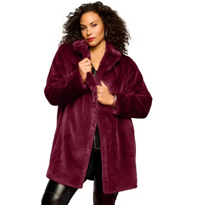 Roaman's Plus Size Mid-Length Luxe Faux Fur Coat - 22/24, Merlot | Target