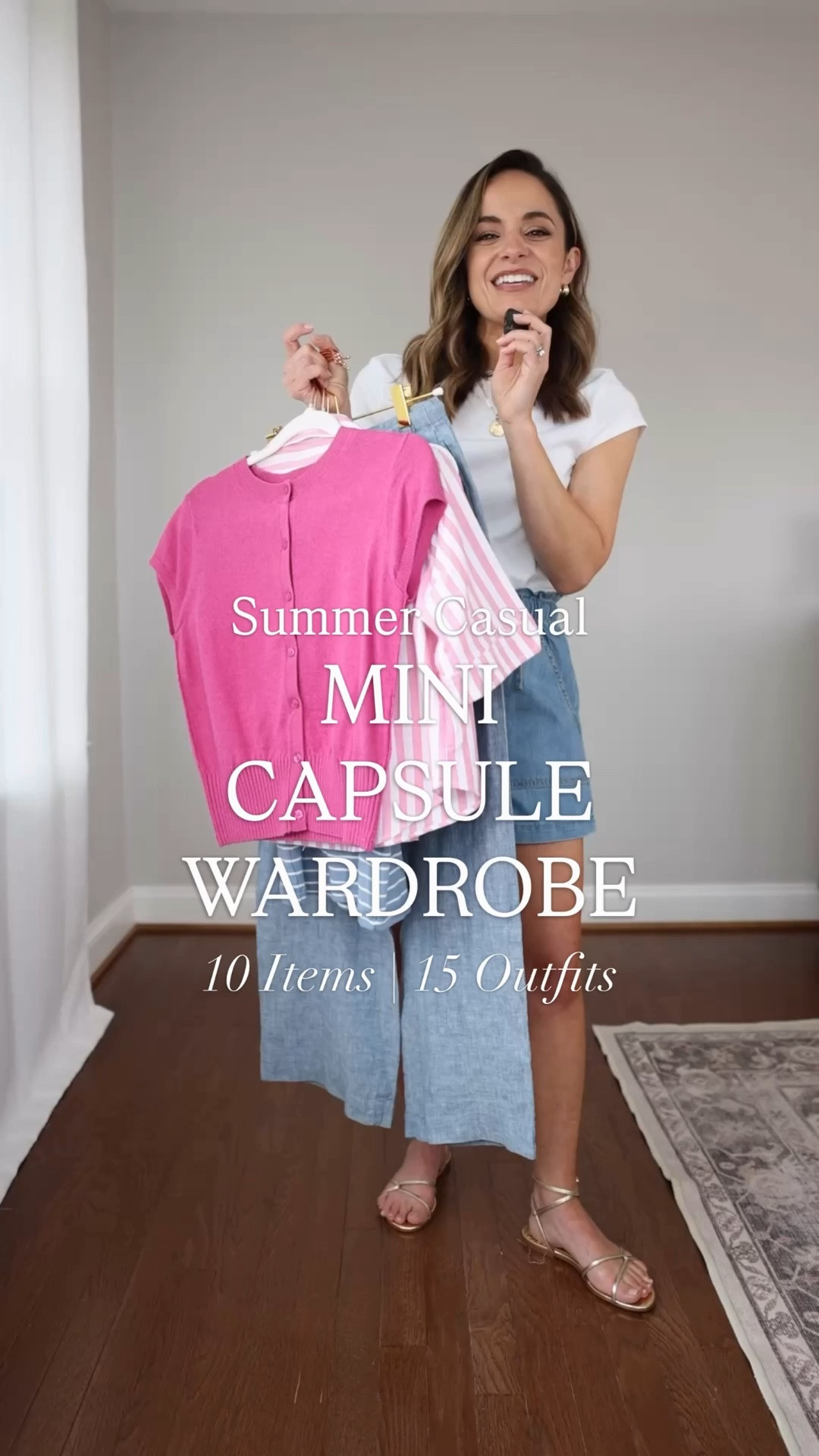 A mini capsule wardrobe for summer with 10 items and 15 outfits! 

4 bottoms 
White shorts: 24 (size up if between sizes) 
Denim shorts: xxs 
Linen pants: petite xxs (27.5” inseam) 
Yellow shorts: xxs 

4 tops
Pink cardigan: xxs 
Pink striped top: xxs 
White t-shirt: xxs
Striped tank top: xxs 

2 sandals (both true to size)