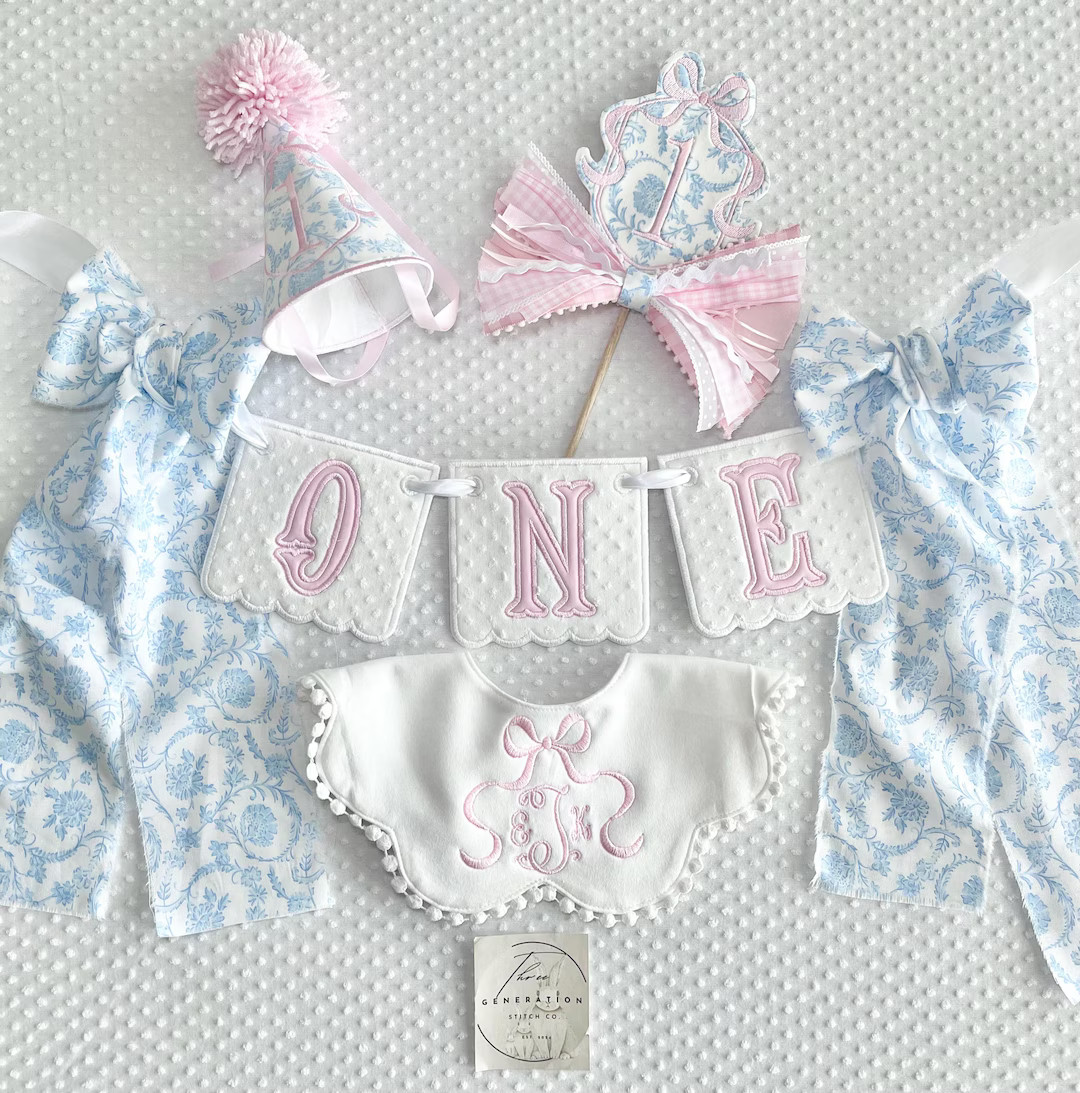 Custom Embroidery Birthday Sets, First Birthday Banner, Embroidered Hat, Cake Topper, Embroidered... | Etsy (US)