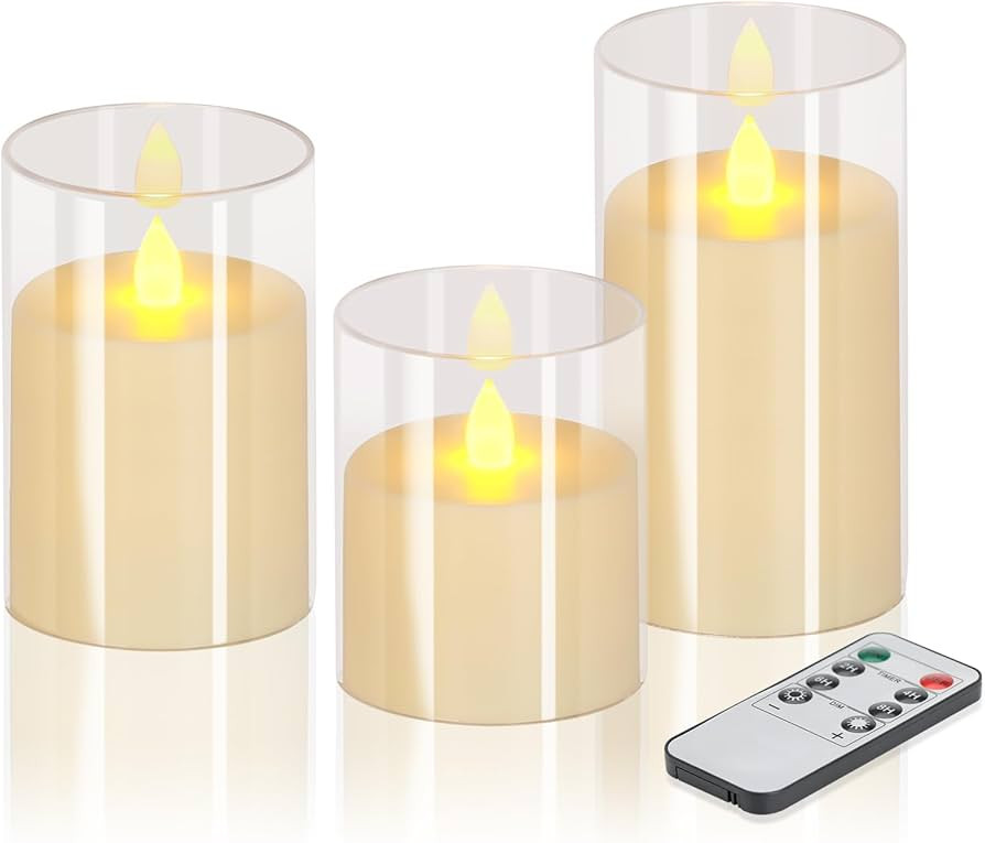 Flameless Candles 4" 5" 6" Set of 3 Acrylic Glass Pillars 3" Diameter Battery Operated Flickering... | Amazon (US)