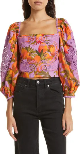 Mango Print Embroidered Cotton Crop Top | Nordstrom