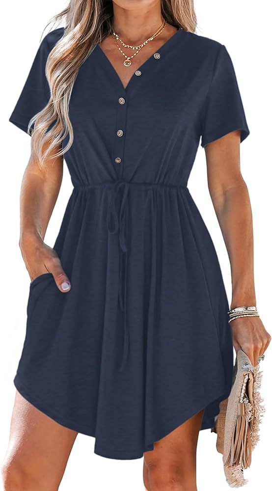 MISFAY Women Summer Dress Casual V Neck Short Sleeve Drawstring Mini Dresses with Pockets | Amazon (CA)