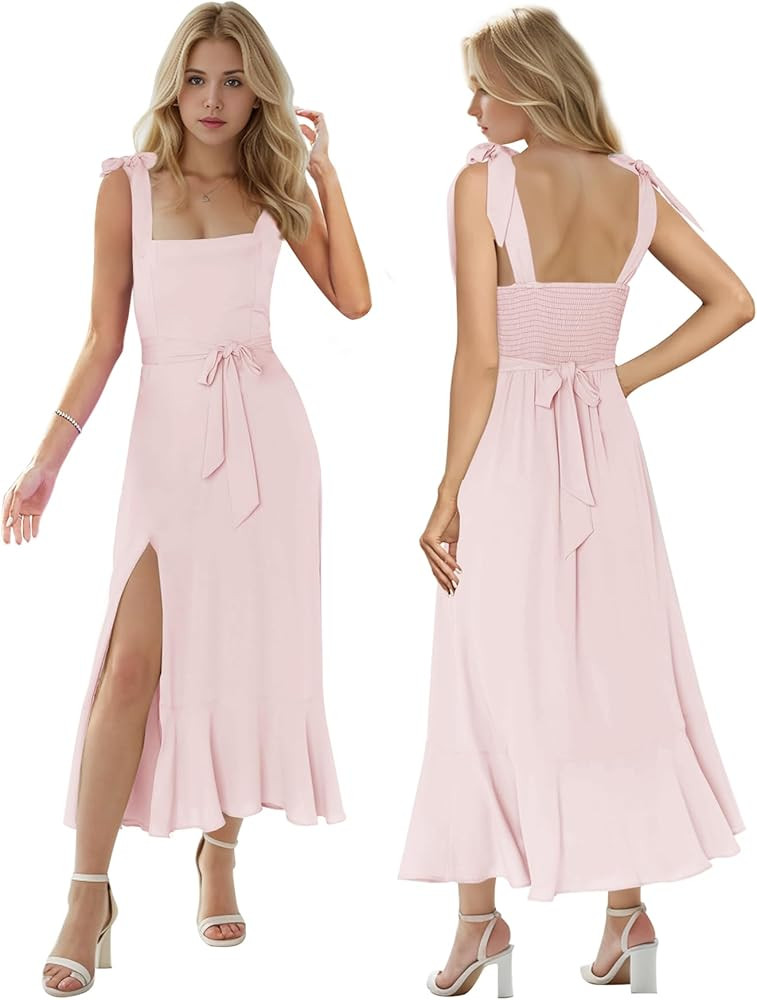 MllesReve Women Midi Dresses Square Neck Side Slit Ruffle Smock Dresses Elegant Formal Evening We... | Amazon (US)