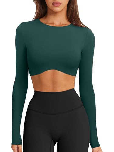 LASLULU Long Sleeve Shirts for Women Sexy Crop Workout Tops High Neck Double Lined Yoga Athletic Shirts Fitted Fall Tops Activewear(Forest Green Large) | Amazon (US)