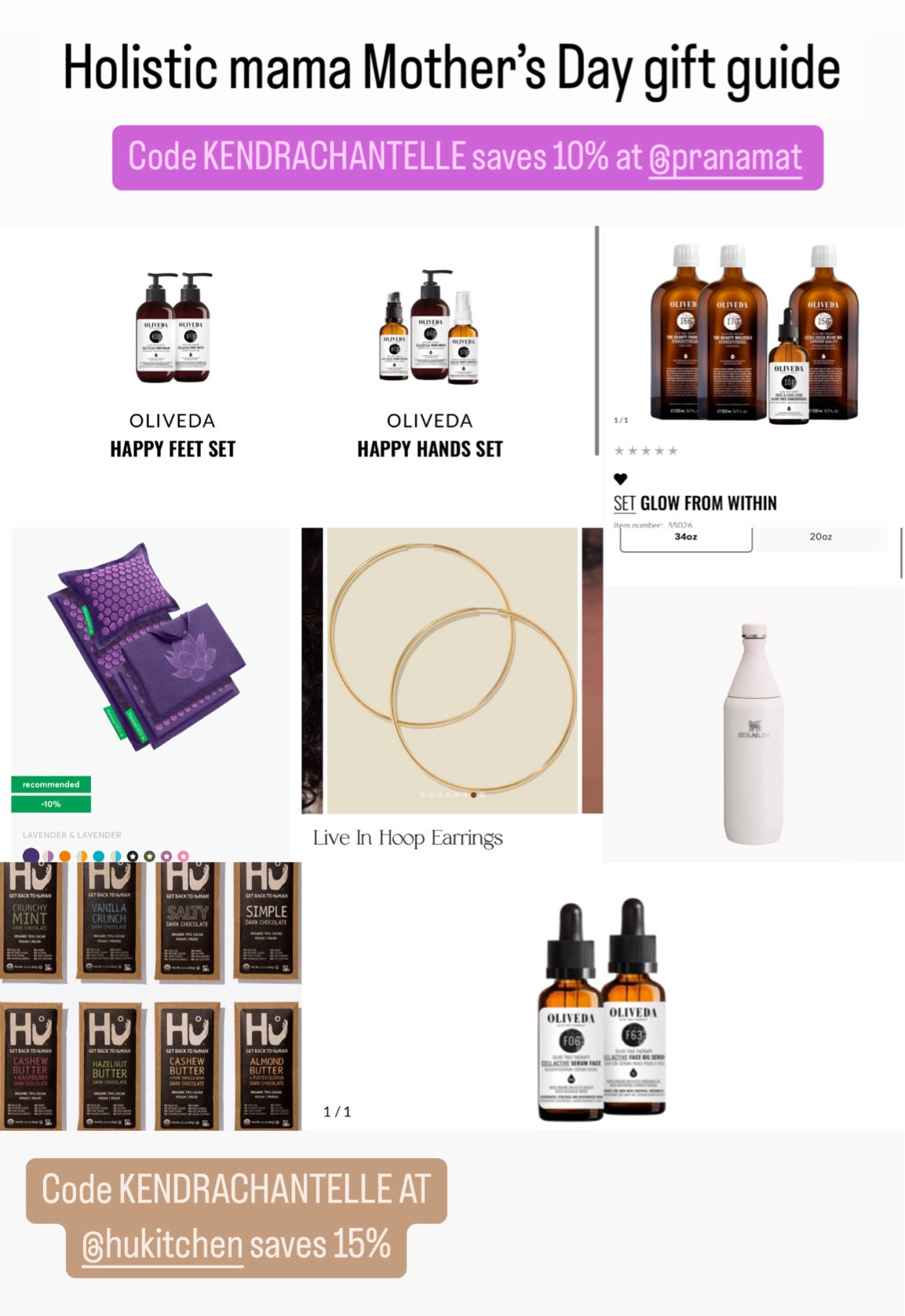 Thinking about holistic crunchy mama Mother’s Day gifts… is it too soon?! Basically just a list of what I’m hoping for 😂🫶🤞🏼 come visit my link in bio at IG @kendrachantelle for links to the #Oliveda products and use code KENDRACHANTELLE at hu kitchen and pranamat for some self care (chocolate counts!) loving these new Stanley bottles, they won’t spill 👏 

#LTKbeauty #LTKGiftGuide #LTKfindsunder50